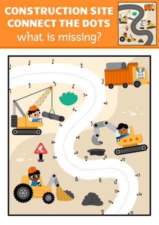Vector dot-to-dot and color activity colored road repair, construction site scene. Building works connect the dots game for children with industrial vehicles. What is missing printable worksheetのイラスト素材