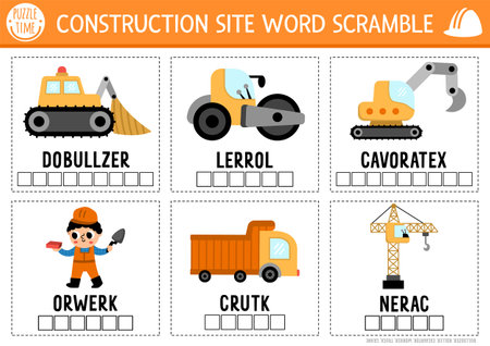 Vector construction site word scramble activity page. English language game cards with cars, trucks for kids. Special transport family quiz with industrial vehicles. Educational printable worksheetのイラスト素材