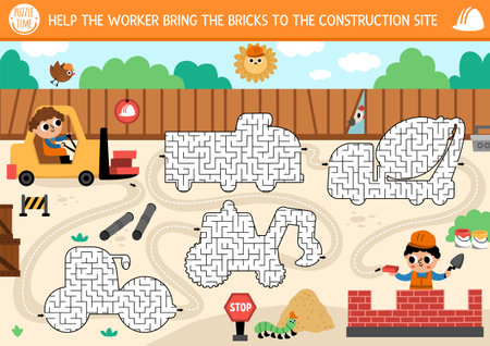Construction site geometrical mazes for kids with industrial landscape, builders, labyrinths shaped as trucks. Building works preschool printable activity. Repair service game, puzzle with special carsのイラスト素材