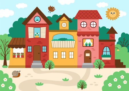 Vector city scene with beautiful house surrounded by garden. Landscape sunny day illustration with residential building. Cute cottage with windows, flowers. Funny little town scenery with sun, birdのイラスト素材