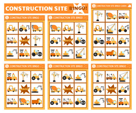 Vector construction site bingo cards set. Fun family lotto board game with cute cars, trucks for kids. Special transport lottery activity. Simple educational printable worksheet with vehiclesのイラスト素材