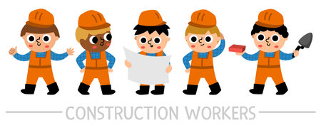 Vector construction site workers set. Road work, building contractors icons. Cute repair service engineers in uniform, hard hats. Builders illustration for kidsのイラスト素材