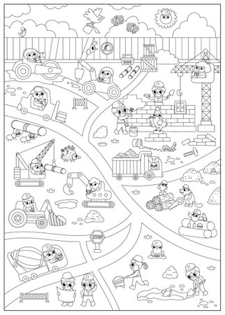 Vector black and white construction site and road work vertical landscape illustration. Building scene with funny kid builders, transport, crane. Line repair service map background, coloring pageのイラスト素材