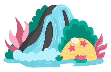 Vector waterfall icon. Nature landscape illustration isolated on white background. Flat water fall picture with greenery, trees, seaweeds, sea stars. Wildlife, active holidays or marine landscape sceneのイラスト素材