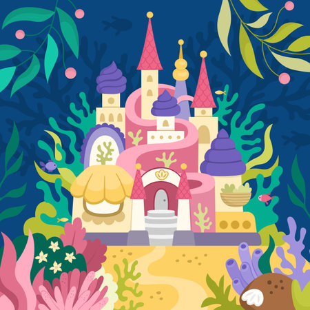 Vector landscape illustration with mermaid castle. Ocean or sea kingdom scene with seaweeds, fish, corals, marine princess palace on seabed. Cute square fairytale background for kidsのイラスト素材