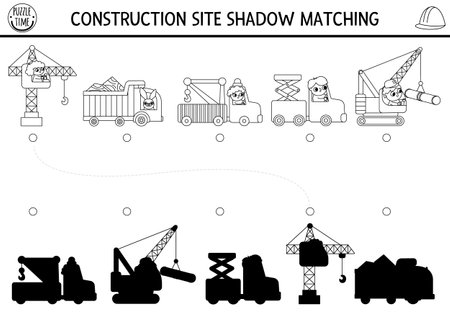 Construction site black and white shadow matching activity with special transport, vehicles. Building works puzzle or coloring page. Find the correct silhouette printable worksheet or game for kidsのイラスト素材