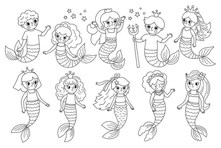 Vector black and white mermaids set. Underwater kingdom line collection with ocean princess, prince. Cartoon marine fairytale coloring page for kids. Water adventures clipart with sirens, mermenのイラスト素材