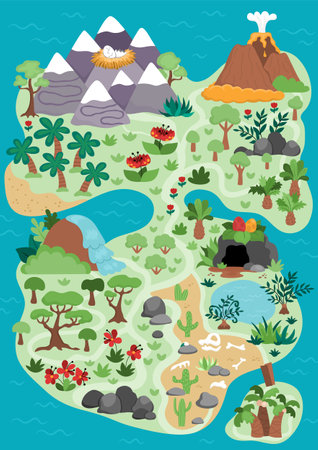 Vector empty ancient continent map. Dinosaur landscape illustration. Cute prehistoric scenery with mountains, forest, volcano. Funny detailed island scene with paths. Dino land picture for kidsのイラスト素材