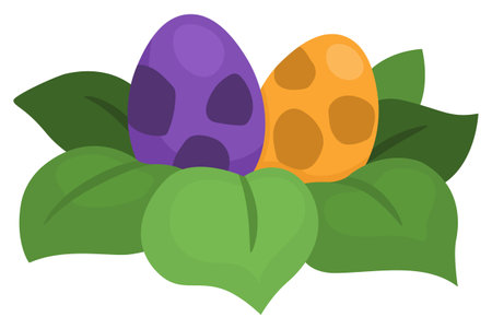 Vector flat bird or dinosaur nest with eggs icon. Farm, Easter or prehistoric illustration isolated on white background. Cute spring picture for kids. Animal eggs in leavesのイラスト素材
