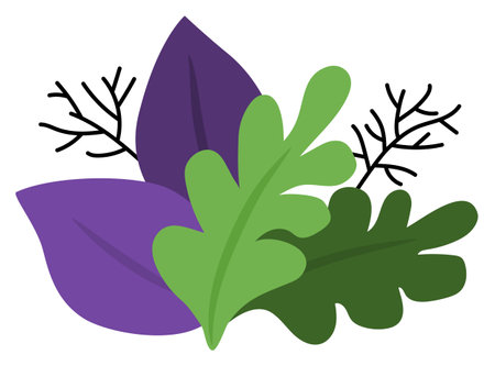 Cute fern leaves icon. Forest or woodland plant clipart isolated on white background. Botanical foliage design element. Simple greenery branch illustration for kidsのイラスト素材