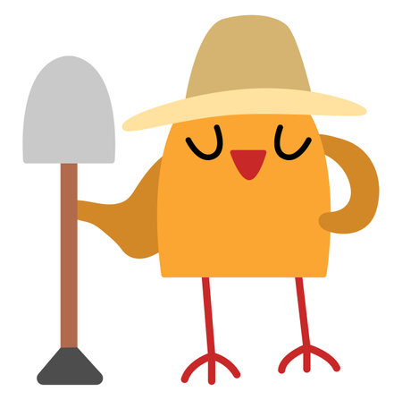 Vector bird in orange hat standing with spade icon. Cartoon archeologist animal clipart. Historical dinosaur dig or excavations scientist or explorer illustration. Cute digger picture for kidsのイラスト素材