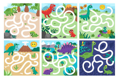 Simple dinosaur maze set for kids with cute animals and ancient world landscape. Square prehistoric preschool printable activity. Ancient land labyrinth game, puzzle collection. Help dino get to babyのイラスト素材
