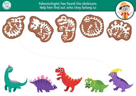 Dinosaur matching activity with cute animals and their skeletons. Prehistoric puzzle with T-rex, stegosaur. Match the bones game. Dino land printable worksheet, match up pageのイラスト素材