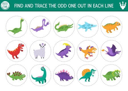 Find the odd one out. Dinosaur logical activity for kids. Prehistoric educational quiz worksheet for attention skills. Dino land printable game with T-rex, water, carnivorous, herbivorous animalsのイラスト素材