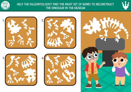 Dinosaur matching and logical activity with set of bones and triceratops. Assemble the dino bones puzzle. Match the parts and whole object printable worksheet. Paleontology museum gameのイラスト素材