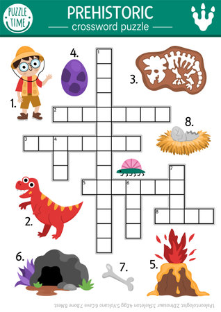 Vector simple dinosaur crossword puzzle for kids. Dino land quiz for children. Educational activity with paleontologist, skeleton, volcano, egg, cave, bone, nest. Cute prehistoric cross wordのイラスト素材