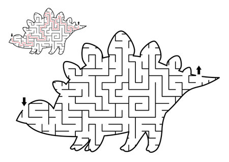 Dinosaur geometrical maze with for kids. Preschool printable activity shaped as stegosaur. Dino land labyrinth game for children. Cute prehistoric animal puzzle with answerのイラスト素材