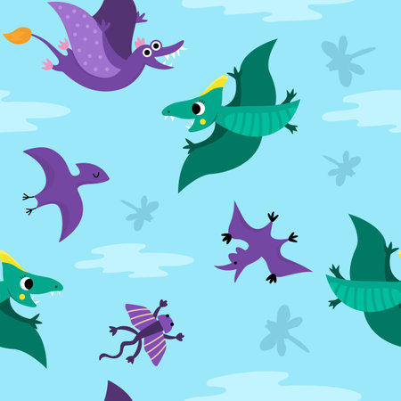 Vector flying dinosaur seamless pattern with pterosaurs. Cute prehistoric animal repeat background. Dino digital paper with Pterodactyl, clouds, sky for kidsのイラスト素材