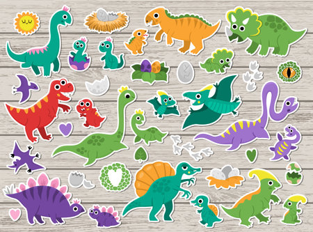 Vector dinosaur moms and babies sticker pack. Cute prehistoric animal icons collection. Dino mother and child illustrations. Parents and children dinos with eggs, nest. Cute mothers day patches setのイラスト素材