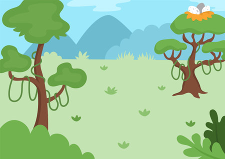 Vector empty nature landscape illustration. Cute flat scenery with trees, liana, nest, egg, forest. Outdoor African scene with greenery. Dinosaur background for kids with mountainsのイラスト素材