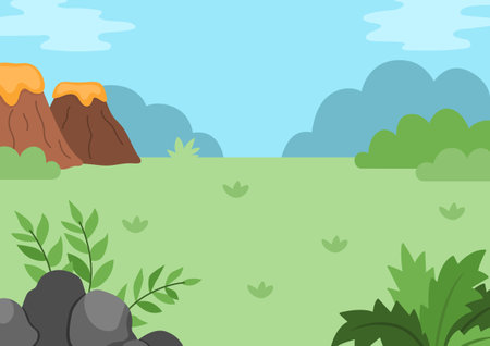Vector empty nature landscape illustration. Cute flat scenery with sun, meadow, forest, plants. Outdoor plane or clearing scene with greenery. Dinosaur background for kids with mountains, volcanoのイラスト素材