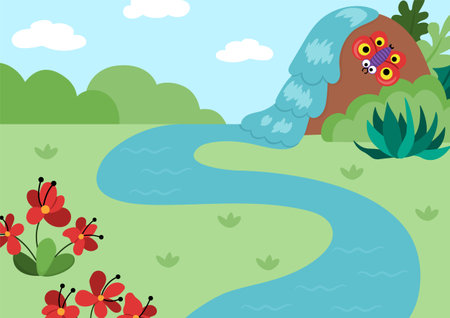 Vector empty nature landscape illustration. Cute flat scenery with meadow, forest, plants. Outdoor plane or clearing scene with greenery. Dinosaur background for kids with river, waterfallのイラスト素材