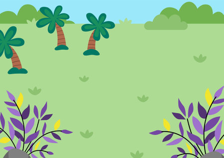 Vector empty nature landscape illustration. Cute flat scenery with sun, meadow, forest, plants. Outdoor plane or clearing scene with greenery. Dinosaur background for kids with palm trees, fernsのイラスト素材