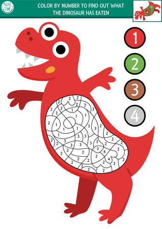 Vector dinosaur color by number activity with T-rex and food in his stomach. Prehistoric black and white counting or coloring game. Simple coloring page for kids with tyrannosaur and what he has eatenのイラスト素材