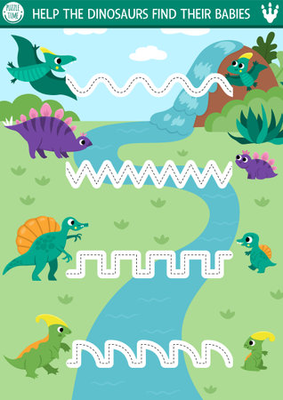 Vector dinosaur handwritten practice worksheet. Prehistoric printable drawing activity for preschool children with ancient animals and their babies. Tracing game for writing skillsのイラスト素材