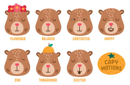 Vector capybara set. Cute capibara heads collection showing different emotions and feelings. Funny guinea pigs relaxed, contented, excited, zen, excited. Psychological stickers packのイラスト素材