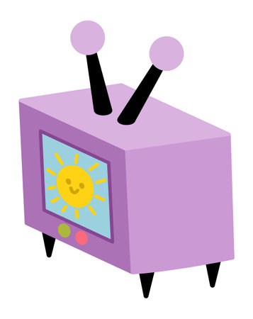Cartoon kawaii tv set. Cute retro television with antenna showing sun on the screen. Isometric clipart illustrationのイラスト素材