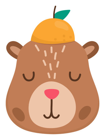Vector capybara head icon. Cute capibara face with closed eyes and tangerine. Funny happy animal illustration isolated on white background. Comic trendy holiday guinea pig clipartのイラスト素材