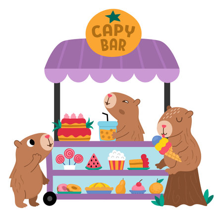 Vector capybaras sitting in rolling snack cart with wheels. Candy shop with capibaras icon. Cartoon sweets stand illustration with adorable animals. Pastry or bakery trolley clipart, capy barのイラスト素材