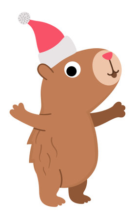 Vector capybara icon. Cute capibara in Santa hat. Funny happy animal Christmas or New Year illustration isolated on white background. Comic trendy holiday guinea pig clipartのイラスト素材