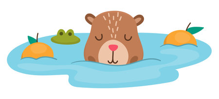 Vector capybara icon. Cute capibara swimming in pond with tangerines with closed eyes. Funny happy animal illustration isolated on white background. Comic trendy guinea pig clipartのイラスト素材