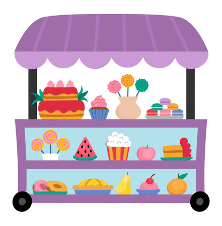 Vector rolling snack cart with wheels. Candy shop icon. Cartoon sweets stand illustration. Pastry or bakery trolley clipart. Mobile vending stall or food trailer truck with cake, donut, lollypopのイラスト素材