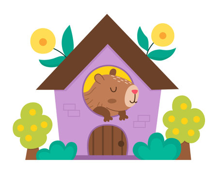 Vector capybara icon. Cute capibara sitting in little house with flowers with closed eyes. Funny happy animal illustration isolated on white background. Comic trendy guinea pig clipartのイラスト素材