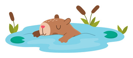 Vector capybara icon. Cute capibara swimming in pond with reeds with closed eyes. Funny happy animal illustration isolated on white background. Comic trendy guinea pig clipartのイラスト素材