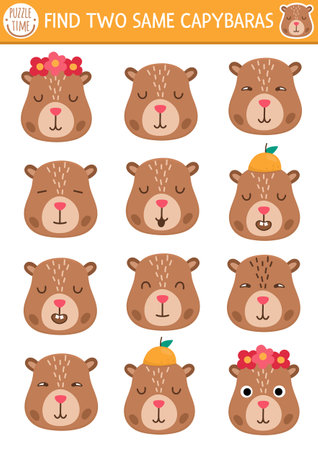 Find two same capybara faces. Matching activity for children with capibara heads. Educational quiz worksheet for kids for attention skills. Simple printable game with cute brown animalsのイラスト素材