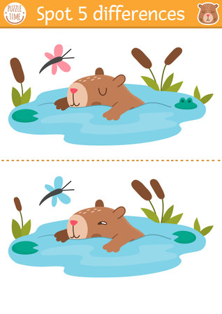 Find differences game for children. Capybara educational activity with cute animal swimming in pond. Puzzle for kids with capibara. Printable worksheet or page for logic, attentionのイラスト素材