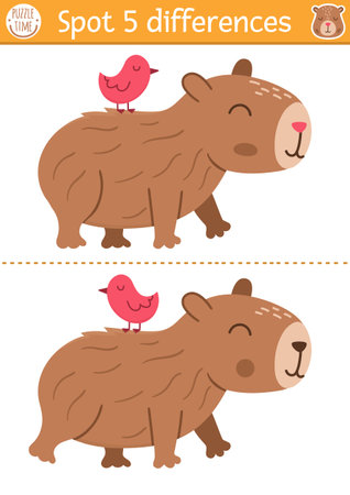 Find differences game for children. Capybara educational activity with cute animal with bird on his back. Puzzle for kids with capibara. Printable worksheet or page for logic, attentionのイラスト素材