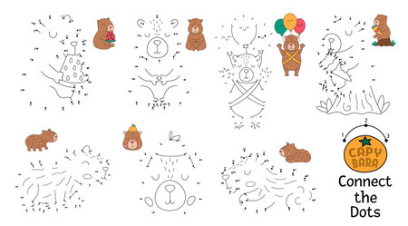 Vector line capybara dot-to-dot and color activity set with animal eating, sleeping, meditating, relaxing. Capibara black and white connect the dots game with colored example. Coloring page for childrenのイラスト素材