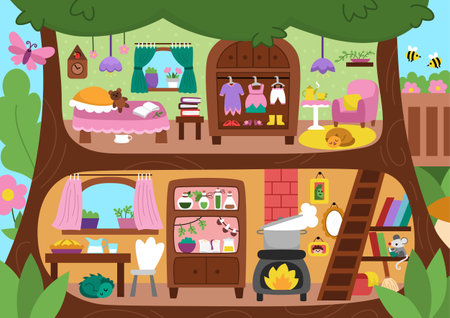 Vector acorn fairy house background. Woodland princess home interior landscape. Fantasy forest cottage scene. Magic fairytale treehouse scenery with furniture, room decor itemsのイラスト素材