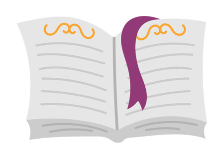 Vector opened spell book with bookmark, front view. Back to school or fairytale educational clipart. Cute flat copybook or spellbook. Blank sheets of paper. Fairy or witch magic objectのイラスト素材