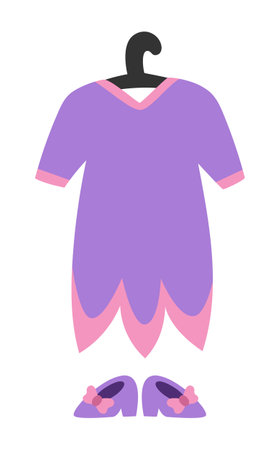 Vector flower fairy clothes. Cute woodland princess tulip shaped dress on hanger and shoes icons. Fantasy forest fay costume illustrations. Fairytale fashion gown. Little girl wardrobe clipartのイラスト素材