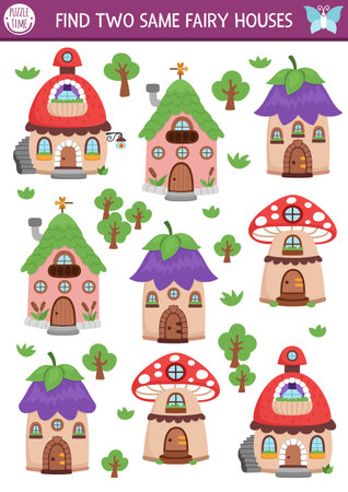 Find two same fairy houses. Fairyland matching activity for children. Magic garden, forest, fairy educational quiz worksheet for kids with flower, mushroom, acorn homes. Printable gameのイラスト素材