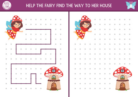 Fairyland drawing, writing, tracing, space orientation activity for kids with mushroom fairy searching house. Draw line in box according example. Preschool woodland printable game, puzzleのイラスト素材