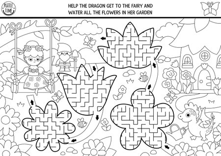Black and white maze for kids with fairy, geometrical labyrinths shaped as flowers, house, magic garden. Fairytale printable activity with dragon watering plants. Labyrinth game, puzzle, coloring pageのイラスト素材