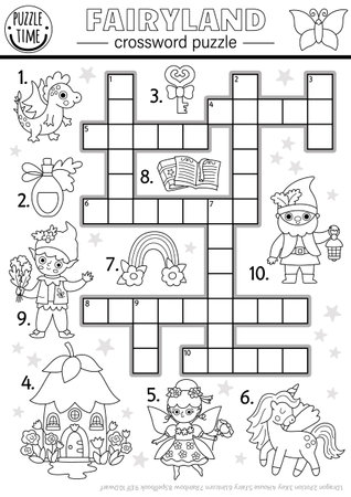 Vector black and white fairyland crossword puzzle for kids. Quiz with fairy, elf, dragon, unicorn, dwarf, rainbow. Cute woodland educational cross word coloring activity page with magic creatureのイラスト素材