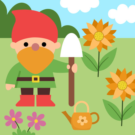 Vector square scene with little garden dwarf with shovel, flower field, sunflowers. Cute landscape with gnome gardener. Woodland, fantasy forest background with magic creatureのイラスト素材